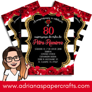 Glamorous Red White Black Gold Roses Invitation