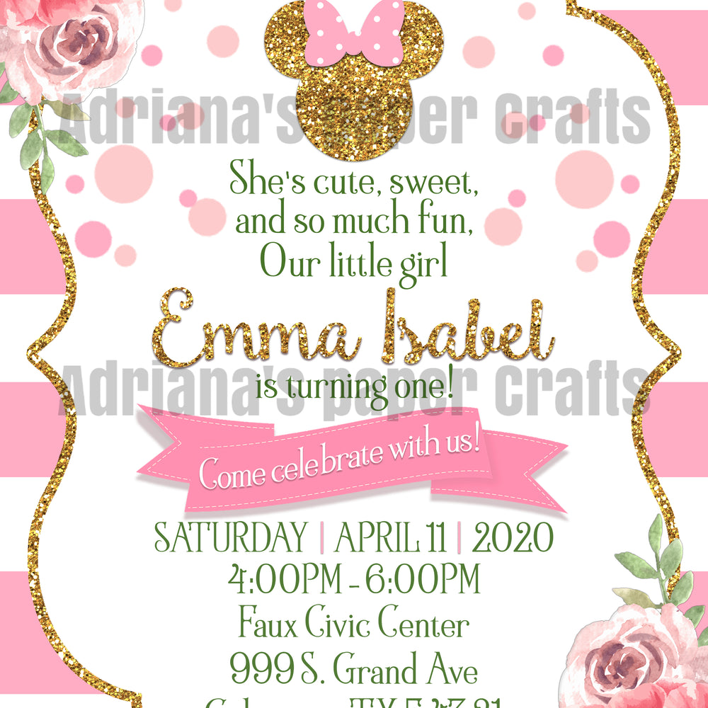 Minnie Mouse Pink and Gold Party Invitation