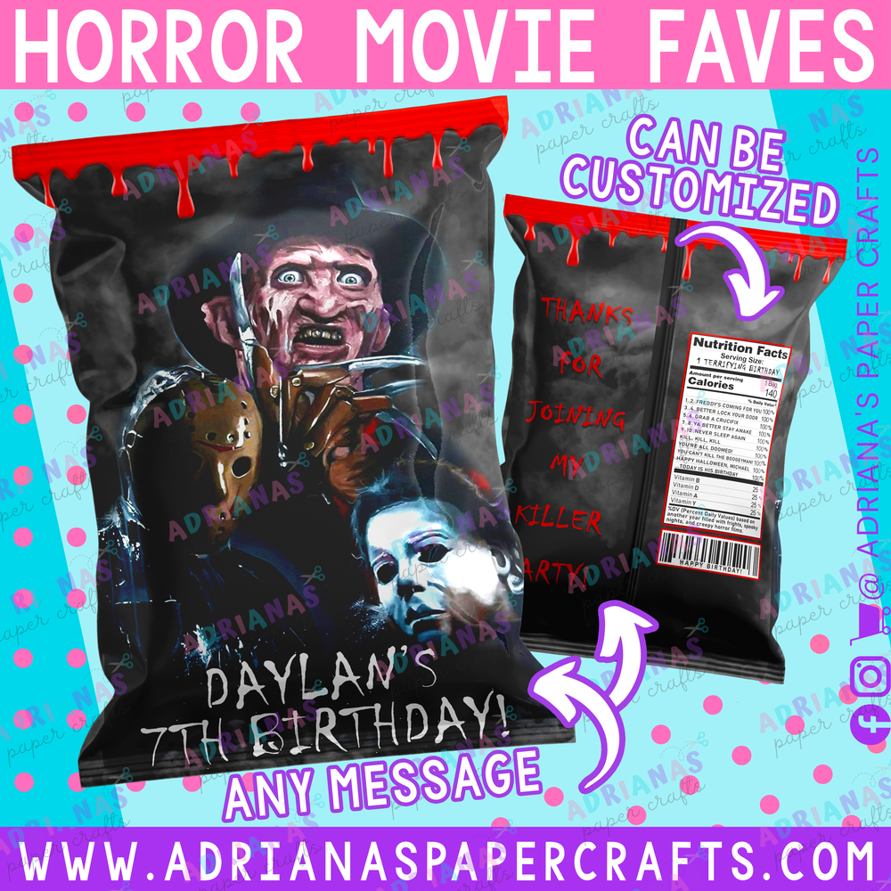 Editable Horror Movie Trio Chip Bag Wrapper - Photoshop File