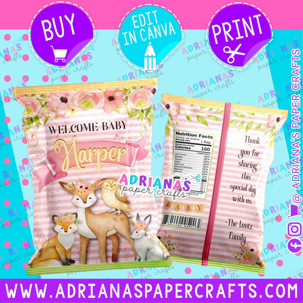 Editable Pink Woodlands Party Favor Chip Bag Design